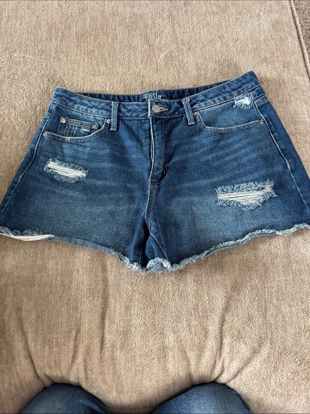 Time and Tru Distressed Dark Blue Denim Shorts